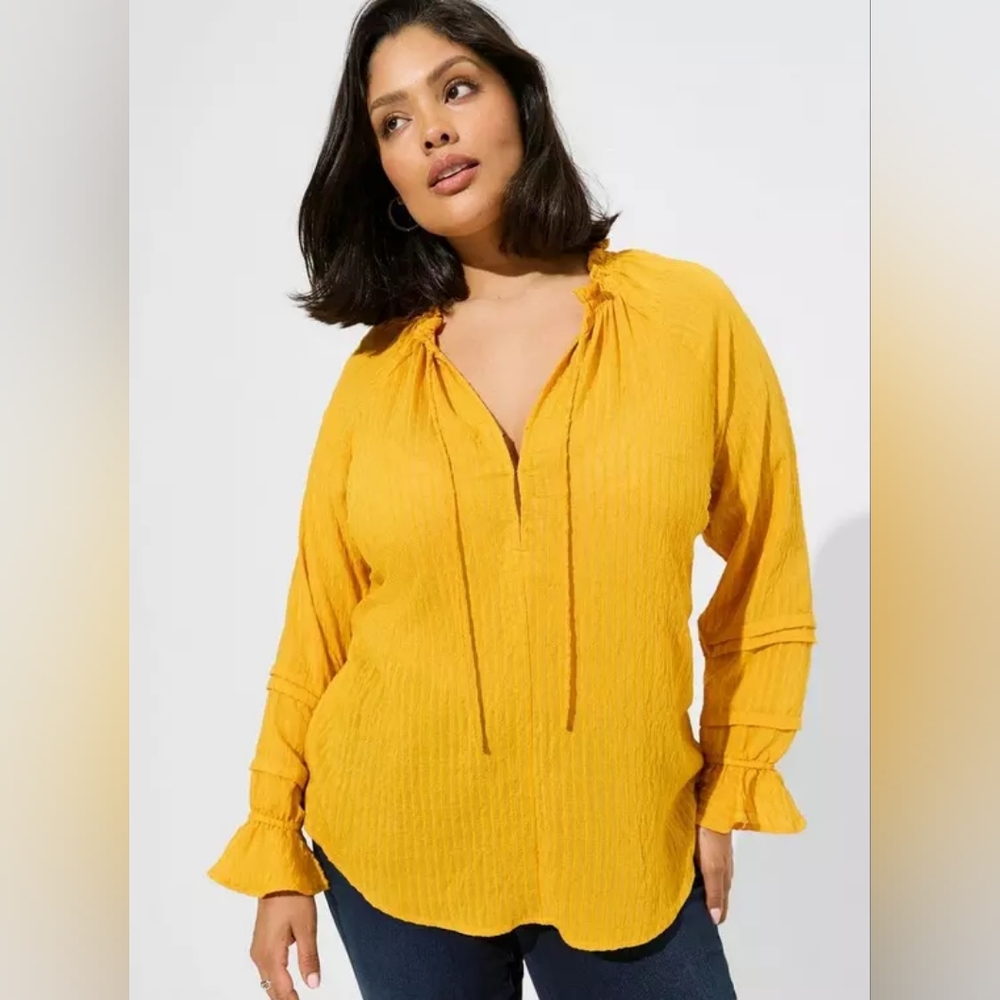 ​Torrid Mineral Yellow Stripe Gauze Lace-Up Peasant Top Boho Blouse Plus Size 3X
